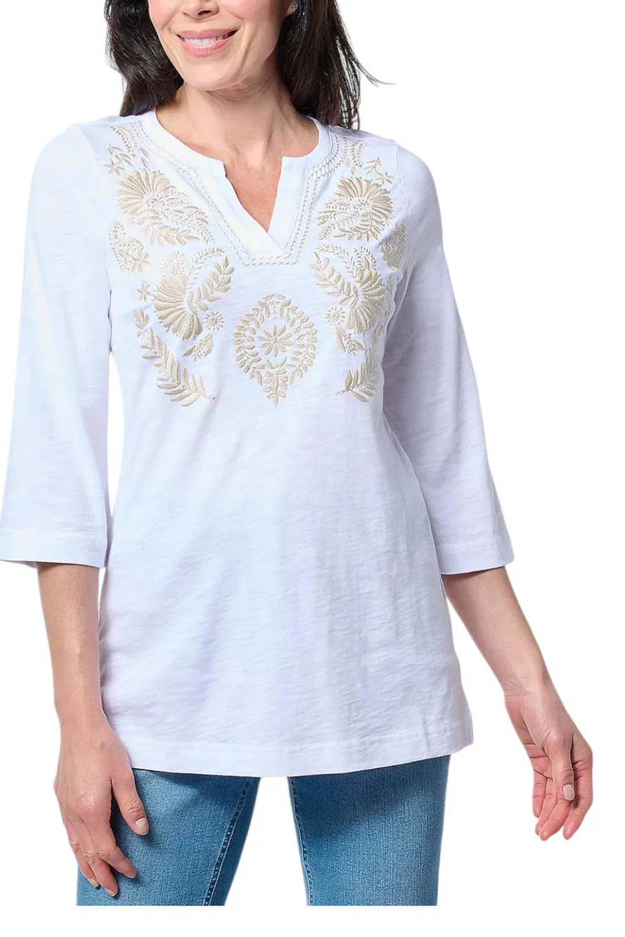 Bellisima by Kim Gravel Women's SlubKnit Artisan Embroidered Top White - Regular